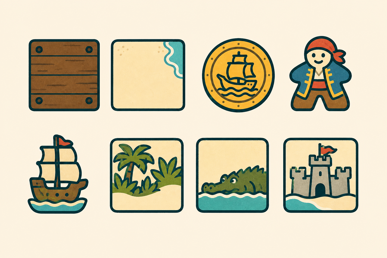 Eight Jackal game asset concepts: tile back, revealed tile, coin, pirate, ship, jungle, crocodile, and fortress