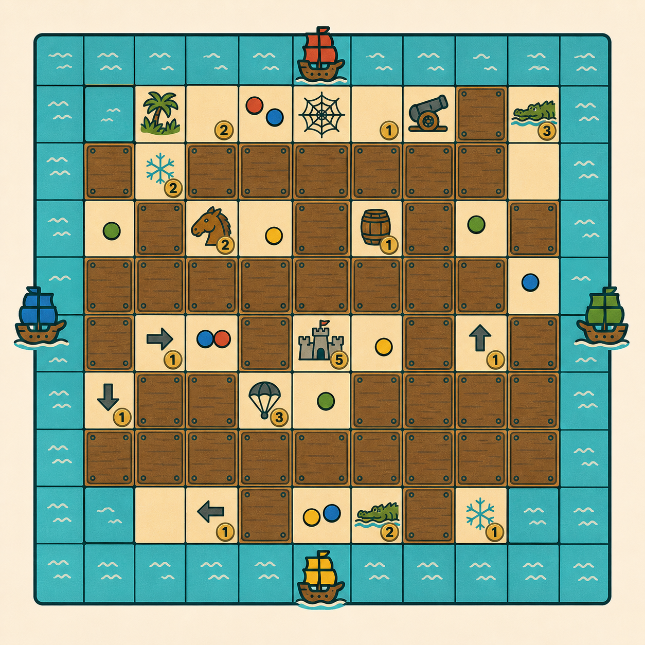 Top-down Jackal board concept with hidden and revealed tiles, round colored pirate pieces, coins, and four ships